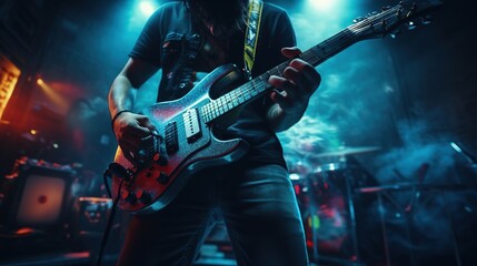In video game style, musician holding guitar is playing music, concert stage background.