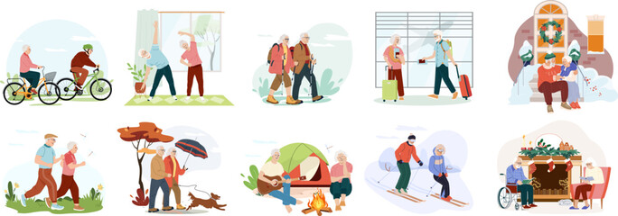 Vector collection elderly couples Set of seniors men and women spend time together at different season relaxing in tent in nature, walking dog, skiing. Old man in a wheelchair reads book with his wife