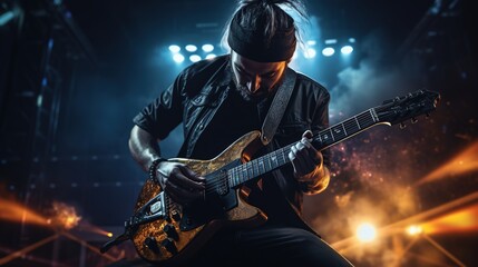 Obraz premium In video game style, musician holding guitar is playing music, concert stage background.