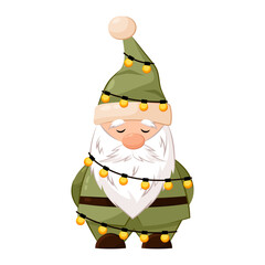 Christmas gnome in a green suit with a garland. Gnome in flat style on a white background. Holiday character, Christmas, New Year.