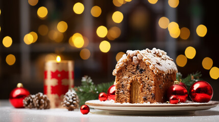 Fototapeta na wymiar Close up of christmas cake with a blurred bokeh background