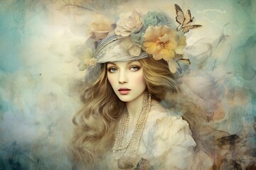 Stunning vintage boho woman background, in the style of collage like mixed media pieces, pastell tones, multilayered dimensions, timeless artistry Generative AI
