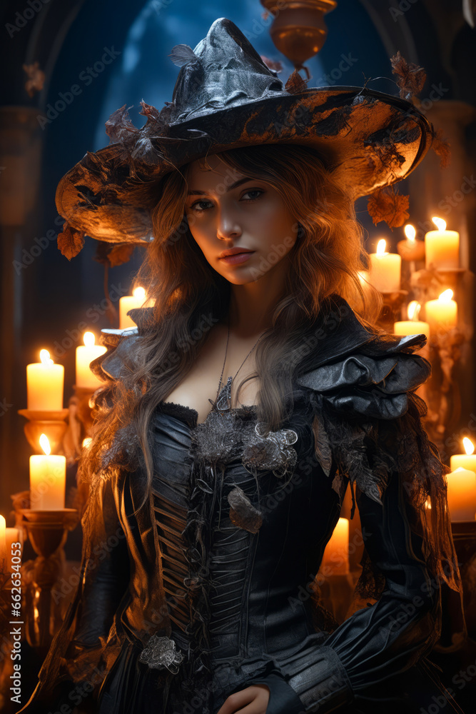 Poster Woman in black dress and hat with candles behind her.