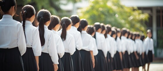 Asian students in Thailand s secondary education system line up in the morning wearing uniforms With copyspace for text