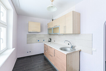 interior apartment kitchen and dining room, refectory area, cooking equipment, table furniture, stove