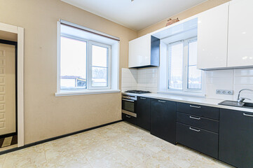 interior apartment kitchen and dining room, refectory area, cooking equipment, table furniture, stove