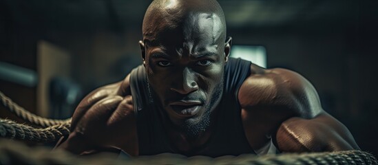 Concentrated man training in gym with battle ropes With copyspace for text