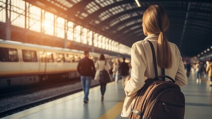 A Transportation and Tourism: Fashionable woman holding a small bag waiting for the high - speed train at the station, modern and comfortable train station full of passenger amenities.