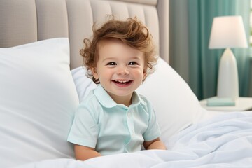 Fototapeta premium Cute newborn boy in a white cloth lying in a bed in a bright bedroom. Happy baby under blanket