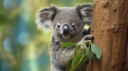 Koala climbing on tree branch