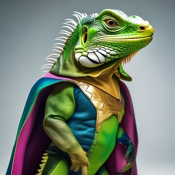A green iguana as a superhero with a colorful cape and a logo4