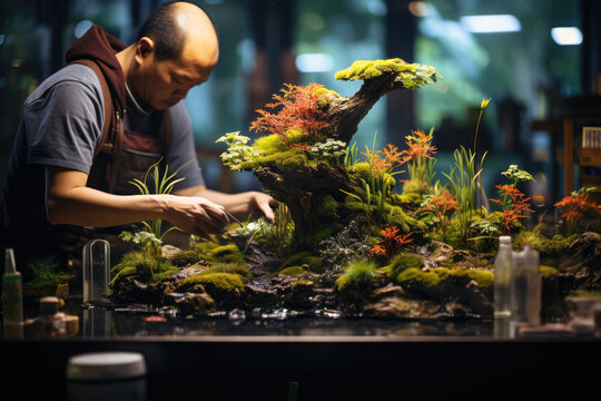 Aquascaping Artistry - Person designing a lush aquatic plant landscape in a fish tank - Underwater garden creativity - AI Generated