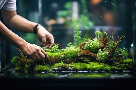 Aquascaping Artistry - Person designing a lush aquatic plant landscape in a fish tank - Underwater garden creativity - AI Generated