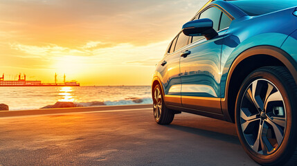 Car on the beach at sunset. Concept of travel and vacation
