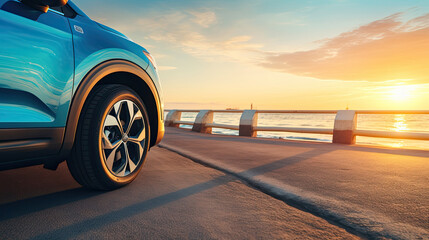 Car on the beach at sunset. Concept of travel and vacation - obrazy, fototapety, plakaty