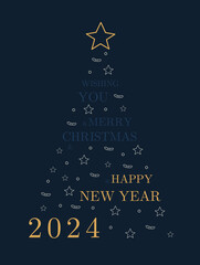 Golden merry christmas and happy new year 2024 greeting card with outline of Christmas ornament in triangle shape in dark blue background.