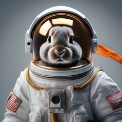 A rabbit in an astronaut suit with a helmet and a toy rocket ship4