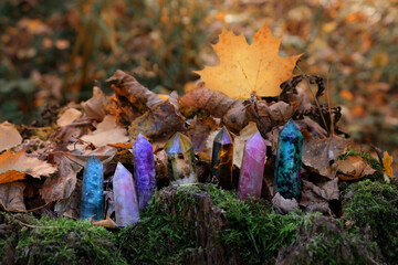colorful minerals close up in autumn forest, abstract natural background. gemstones for Magic...