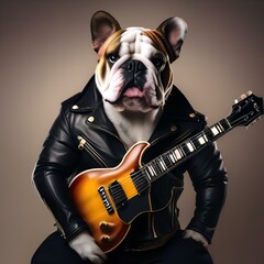 A bulldog in a rockstar outfit, with a leather jacket and an electric guitar5