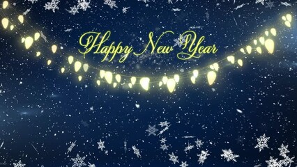 Animation of snowflakes falling over happy new year text banner and fairy lights against night sky - Powered by Adobe