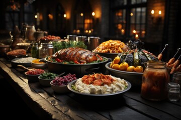 Table setting for traditional thanksgiving day. Turkey with vegetables