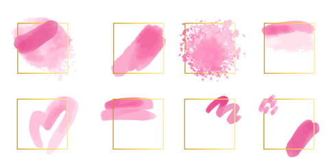 Watercolor frame. Pink brush strokes, golden square figures, splash texture. Pink pastel colors. Wedding, valentine or birthday cards decor. Abstract paint stains. Decorative vector set