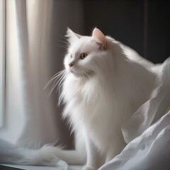 A fluffy white cat dressed as a spooky ghost with a flowing sheet draped over it3