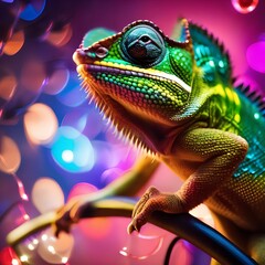 Fototapeta premium A chameleon in a disco costume, with a sparkling outfit and a disco ball5
