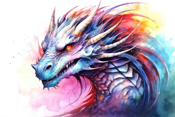watercolor fantasy colorful portrait of dragon on white background