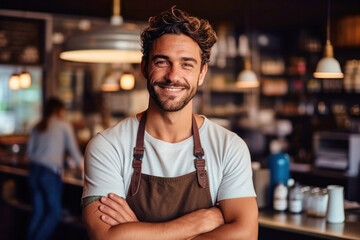 Portrait of a handsome satisfied bearded young man with crossed arms and wearing apron working in a coffee shop