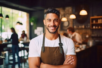 Fototapeta premium Portrait of a handsome satisfied bearded young man with crossed arms and wearing apron working in a coffee shop
