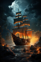 Naklejka premium Landscape with pirate ship in the sea, lightning in the sky full of clouds. AI generative