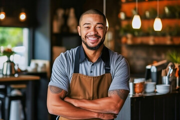 Portrait of a handsome satisfied bearded young black man with crossed arms and wearing apron working in a coffee shop - obrazy, fototapety, plakaty