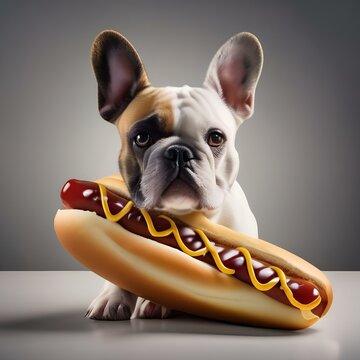 A French bulldog in a hot dog costume with ketchup and mustard drizzled on top1