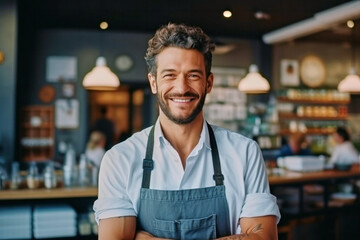 Portrait of a handsome smiling satisfied bearded young man wearing apron working in a coffee shop - obrazy, fototapety, plakaty