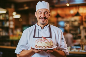 Portrait of joyful adult handsome satisfied smiling pastry chef man wearing white uniform and holding plate with cake working in pastry shop - obrazy, fototapety, plakaty