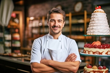 Portrait of joyful adult handsome satisfied smiling pastry chef man wearing white uniform with crossed arms working in pastry shop