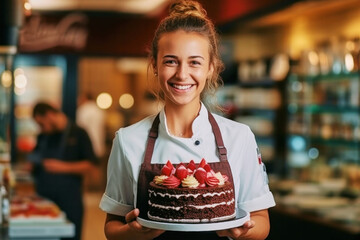 Portrait of cheerful young attractive satisfied smiling pastry chef woman wearing apron and holding plate with cake working in pastry shop - obrazy, fototapety, plakaty