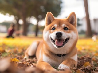 Happy shiba inu at the park