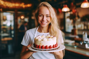 Portrait of cheerful young attractive satisfied smiling pastry chef woman wearing apron and holding plate with cake working in pastry shop
