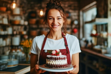 Portrait of cheerful young attractive satisfied smiling pastry chef woman wearing apron and holding plate with cake working in pastry shop - obrazy, fototapety, plakaty