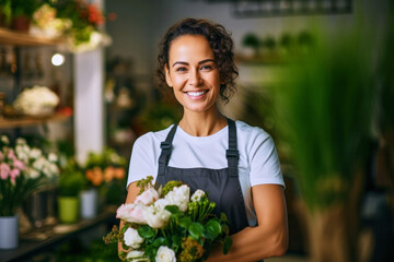 Portrait of a satisfied attractive joyful cheerful woman florist wearing apron working in a flower shop - obrazy, fototapety, plakaty
