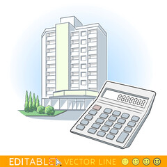 Calculator in front of green plants and residential buildings as background.