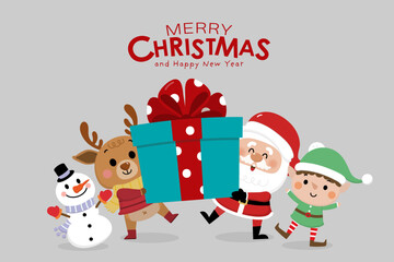 Merry Christmas and happy new year greeting card with cute Santa Claus, little elf, snowman and deer. Holiday cartoon character in winter season. -Vector