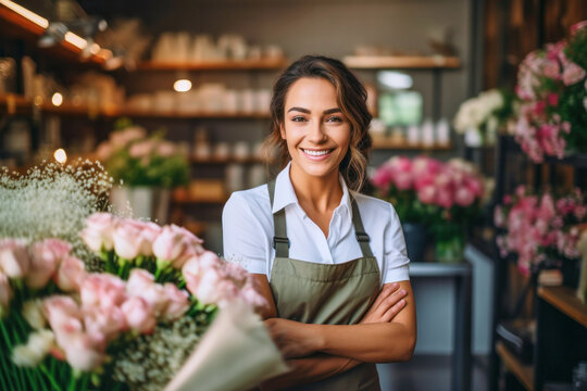 Portrait of a satisfied attractive joyful cheerful woman florist wearing apron working in a flower shop