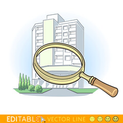 Magnifier in front of green plants and residential buildings as background.