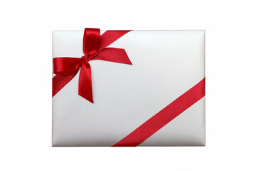 Gift Envelope, Gift Certificate or Sale Card Isolated on White Background. Gray Greeting Envelope with Decorated Red Ribbon Bow. 
