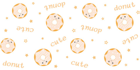 Cute glazed donuts with funny faces on a white background with inscriptions and small stars. Endless texture with kawaii dessert characters. Vector seamless pattern for surface texture, wrapping paper