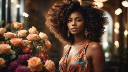 Obraz na płótnie Canvas Attractive black girl with big beautiful bouquet of flowers. Beautiful afroamerican girl with flowers. Pretty woman with bright cherry lipstick. Art portrait with flowers.