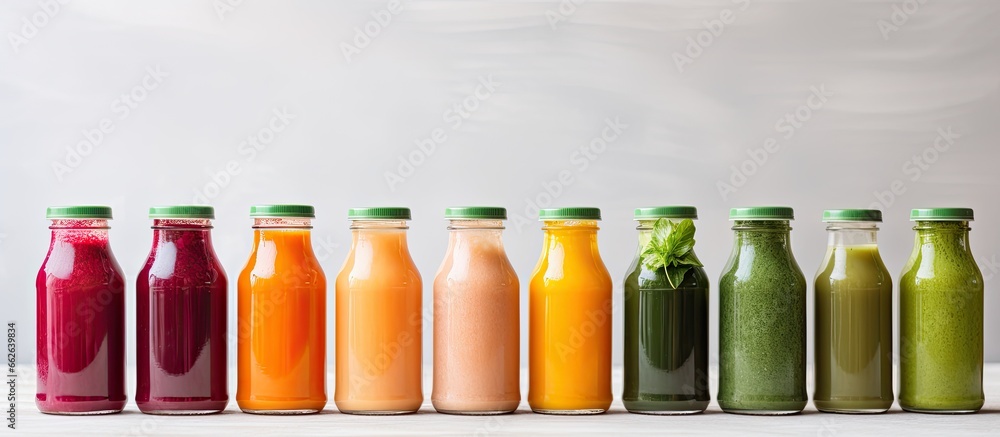 Poster food trend cold pressed vegetable juice in plastic bottles made from raw ingredients with copyspace 